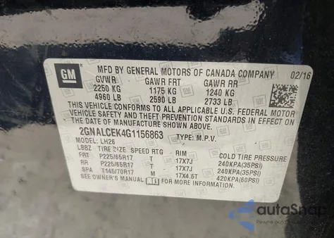 2016 Chevrolet Equinox Lt из США, поврежденный, VIN 2GNALCEK4G1156863